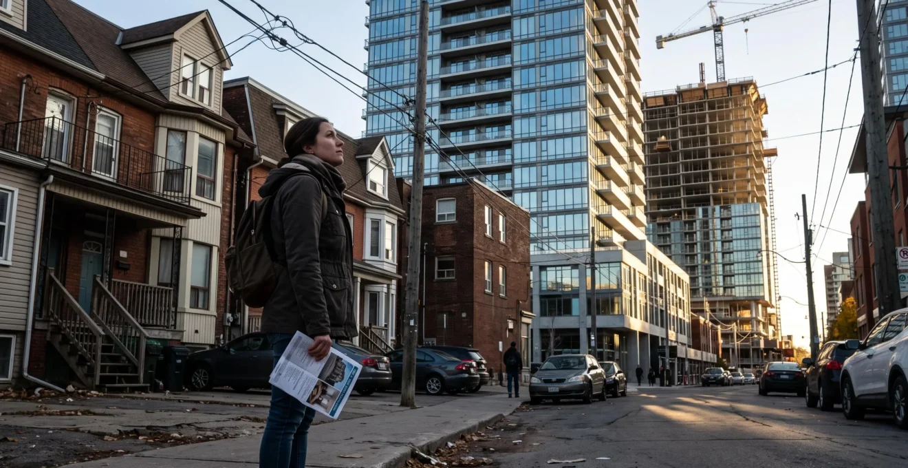 Un acheteur tenant une fiche de logement observe une tour résidentielle neuve à côté d'un chantier en construction dans une rue résidentielle.