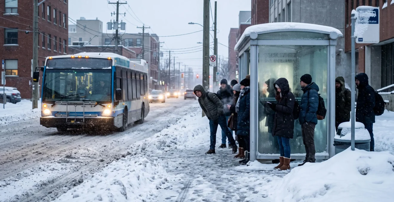 Des usagers attendent un autobus dans un abri enneigé lors d'un matin d'hiver au Canada, tandis qu'un autobus s'approche lentement sur une route enneigée.