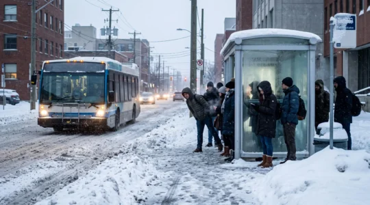 Des usagers attendent un autobus dans un abri enneigé lors d'un matin d'hiver au Canada, tandis qu'un autobus s'approche lentement sur une route enneigée.