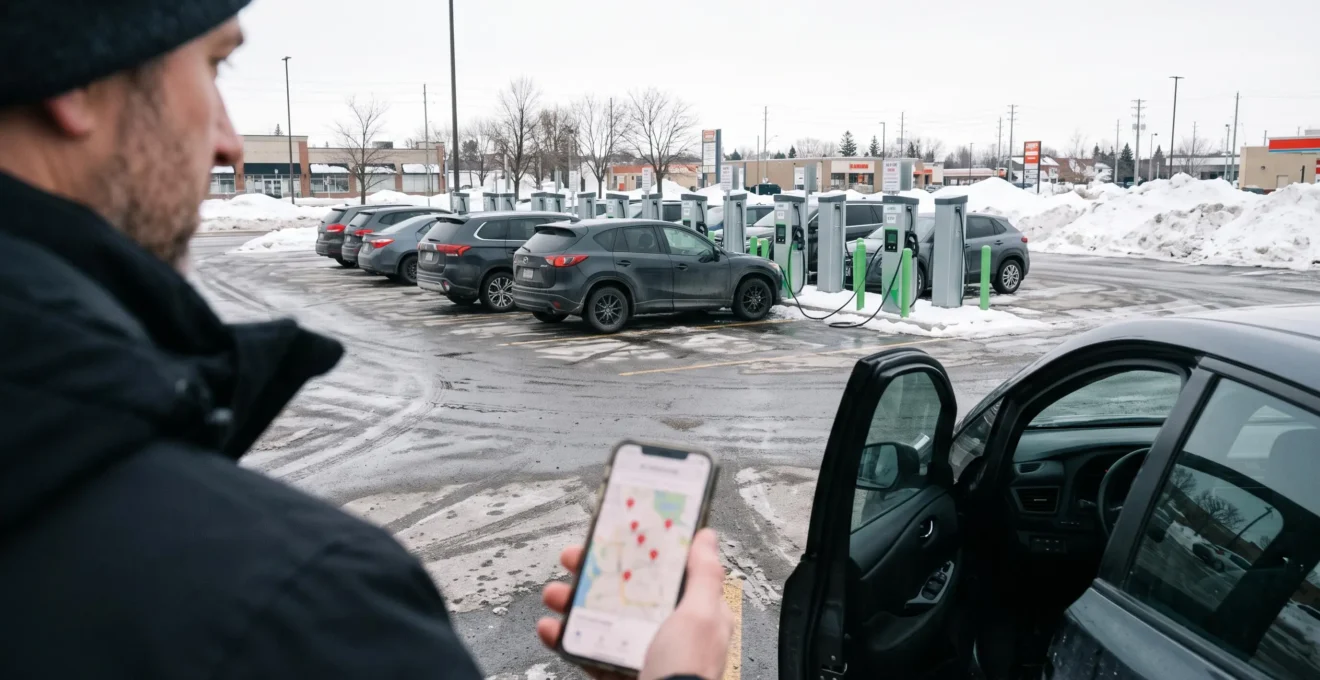 Un conducteur attend devant des bornes de recharge publiques toutes occupées dans un stationnement urbain canadien en hiver.