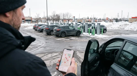 Un conducteur attend devant des bornes de recharge publiques toutes occupées dans un stationnement urbain canadien en hiver.