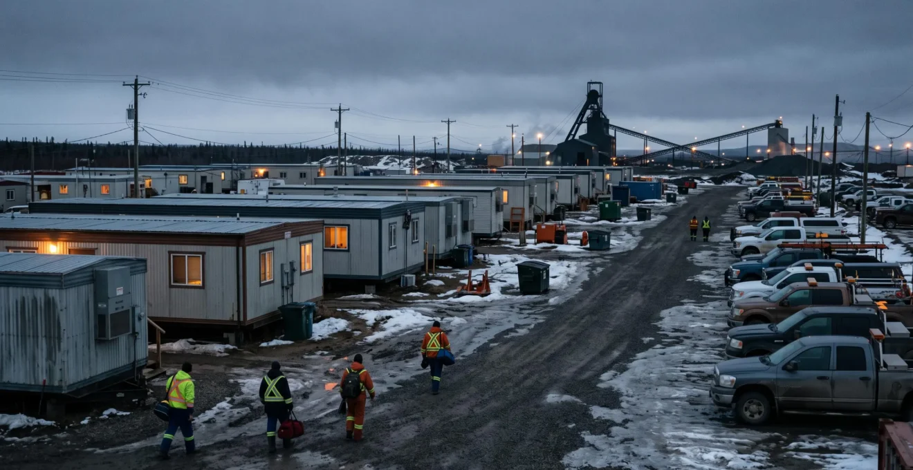 Ville minière canadienne au crépuscule avec camp de travailleurs temporaire, camionnettes et installations industrielles en arrière-plan.