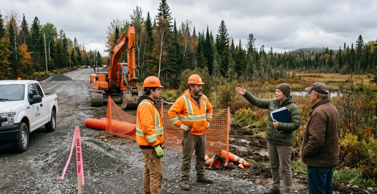 Des travailleurs municipaux et un représentant communautaire discutent à la limite d'un chantier d'infrastructure à l'arrêt au Canada.