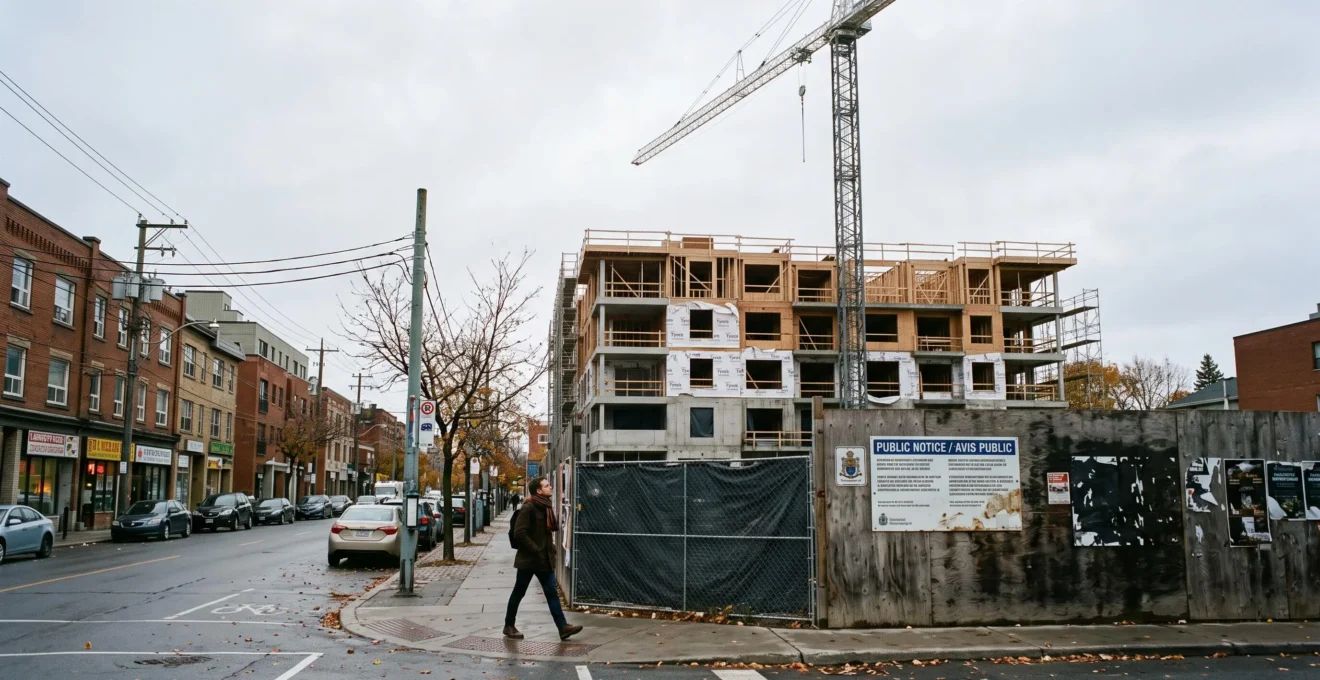 Un piéton passe devant un chantier résidentiel inactif entouré de clôtures, avec une grue immobile, dans un quartier urbain canadien.