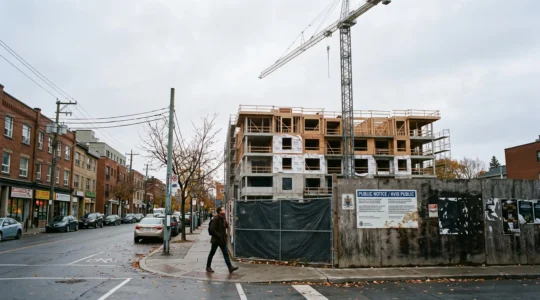 Un piéton passe devant un chantier résidentiel inactif entouré de clôtures, avec une grue immobile, dans un quartier urbain canadien.