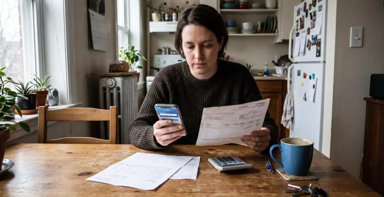 Une personne compare son application bancaire mobile avec un relevé papier posé sur la table de sa cuisine.