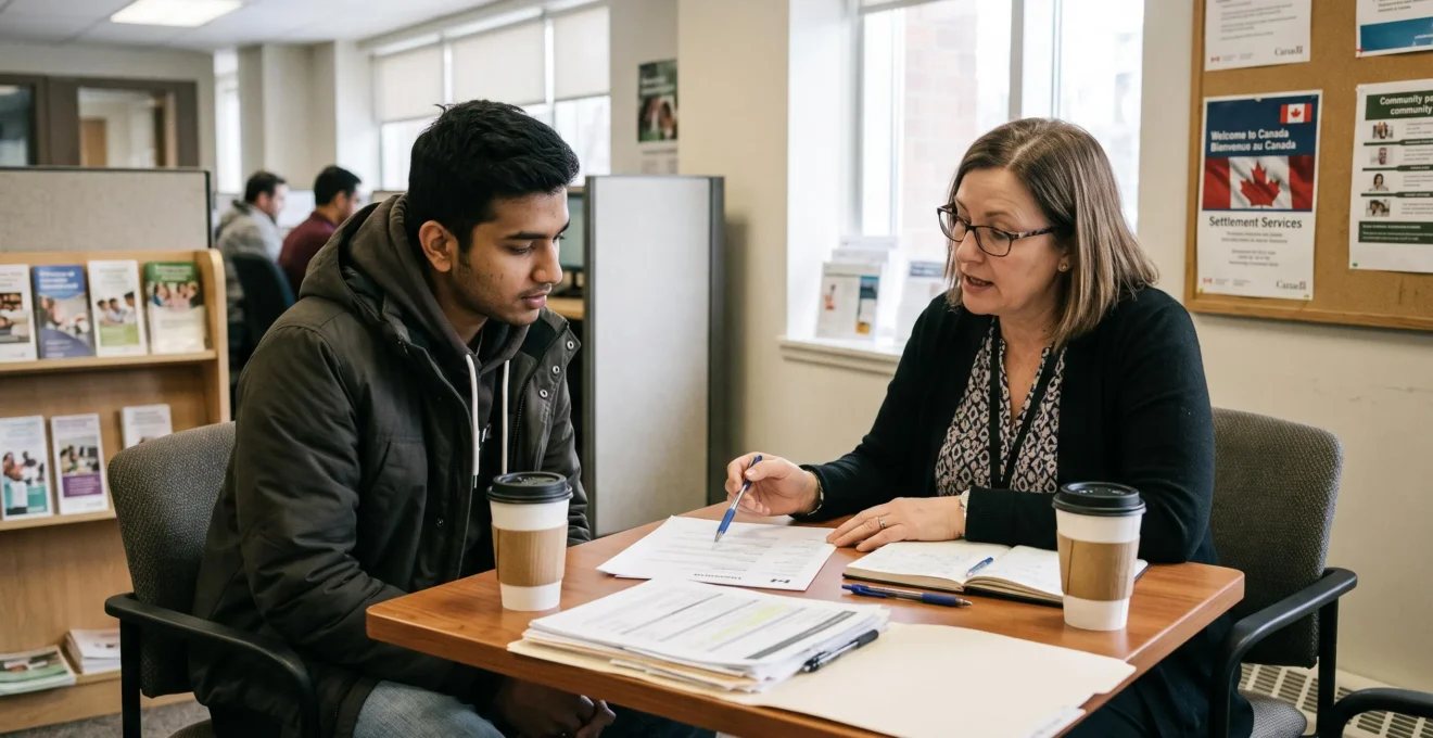 Un conseiller d'un organisme d'accueil explique à un nouvel arrivant les corrections à apporter à son curriculum vitae imprimé, posé sur la table.