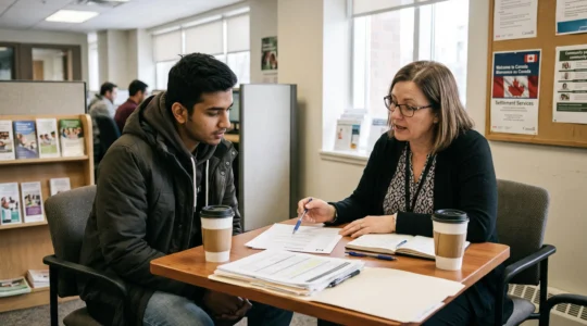 Un conseiller d'un organisme d'accueil explique à un nouvel arrivant les corrections à apporter à son curriculum vitae imprimé, posé sur la table.