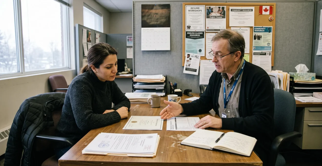 Une conseillère en emploi explique des documents de diplôme à une immigrante lors d'une rencontre dans un centre d'aide à l'emploi au Canada.