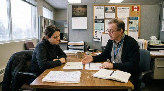 Une conseillère en emploi explique des documents de diplôme à une immigrante lors d'une rencontre dans un centre d'aide à l'emploi au Canada.
