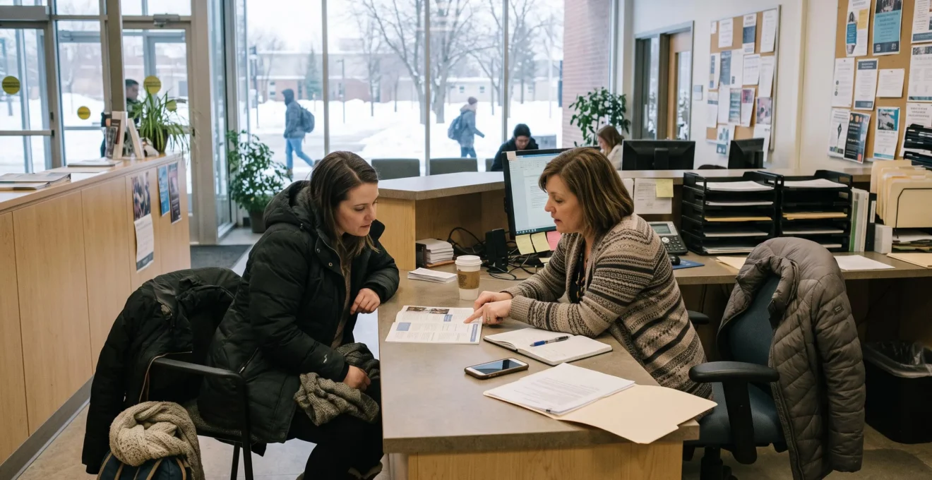 Une femme en manteau d'hiver discute d'une brochure de programme de formation avec un conseiller d'admission au comptoir d'un collège canadien.