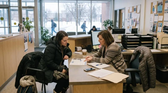 Une femme en manteau d'hiver discute d'une brochure de programme de formation avec un conseiller d'admission au comptoir d'un collège canadien.