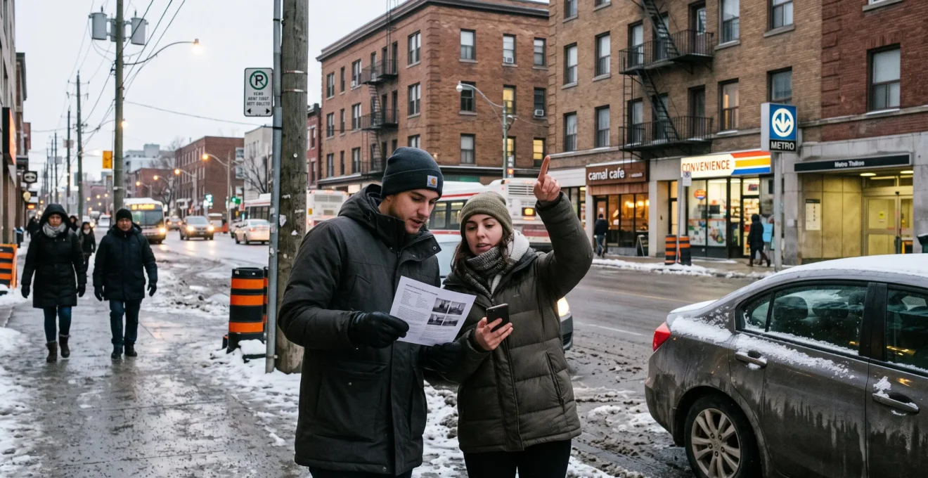 Un couple compare une annonce de location sur son téléphone devant un immeuble résidentiel du centre-ville d'une grande ville canadienne en hiver.