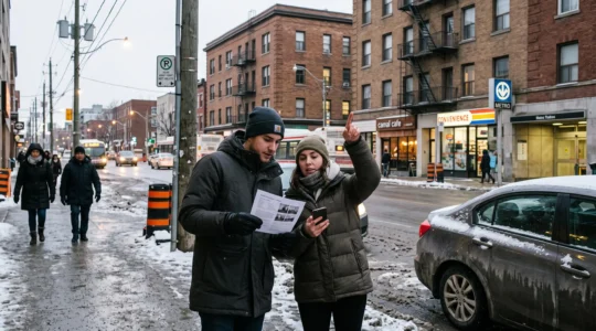 Un couple compare une annonce de location sur son téléphone devant un immeuble résidentiel du centre-ville d'une grande ville canadienne en hiver.