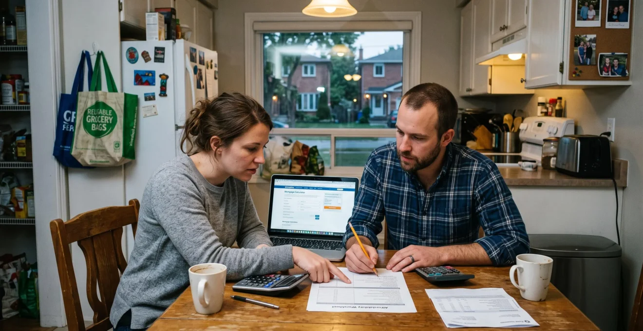 Un couple assis à la table de cuisine examine des documents de qualification hypothécaire avec une calculatrice et un ordinateur portable, dans une maison canadienne.