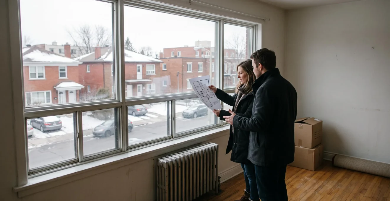 Un couple évalue un logement vide en regardant le quartier par la fenêtre pendant une visite.
