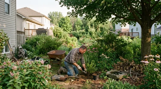 Une personne plante un arbuste indigène dans une cour arrière canadienne aménagée en corridor naturel avec fleurs, point d'eau et feuilles mortes.