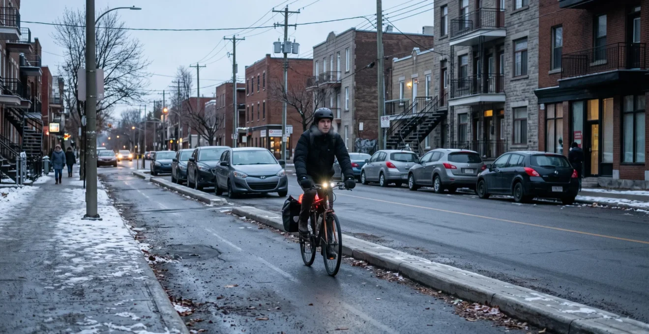 Un cycliste en veste d'hiver roule sur une piste cyclable protégée par un séparateur physique dans une ville canadienne, tôt un matin d'automne froid, lumières de vélo allumées.