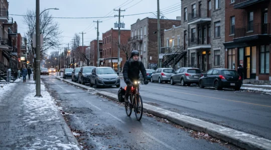 Un cycliste en veste d'hiver roule sur une piste cyclable protégée par un séparateur physique dans une ville canadienne, tôt un matin d'automne froid, lumières de vélo allumées.