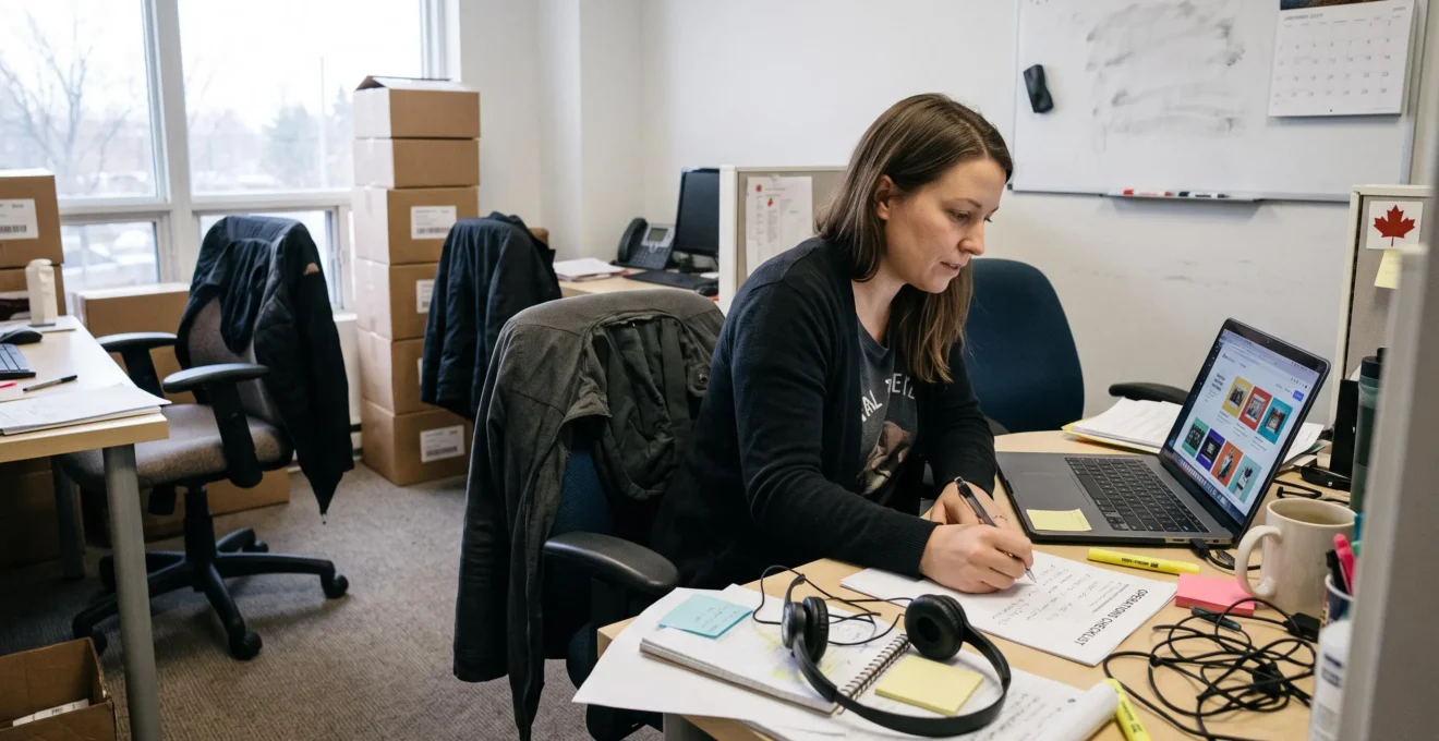 Une employée travaille sur un ordinateur portable et remplit une liste de vérification imprimée dans un petit bureau d'entreprise au Canada.