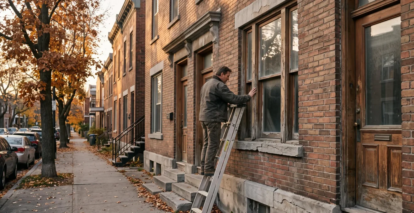 Un propriétaire inspecte depuis une échelle le cadre de fenêtre en bois d'un immeuble ancien en brique dans un quartier historique.
