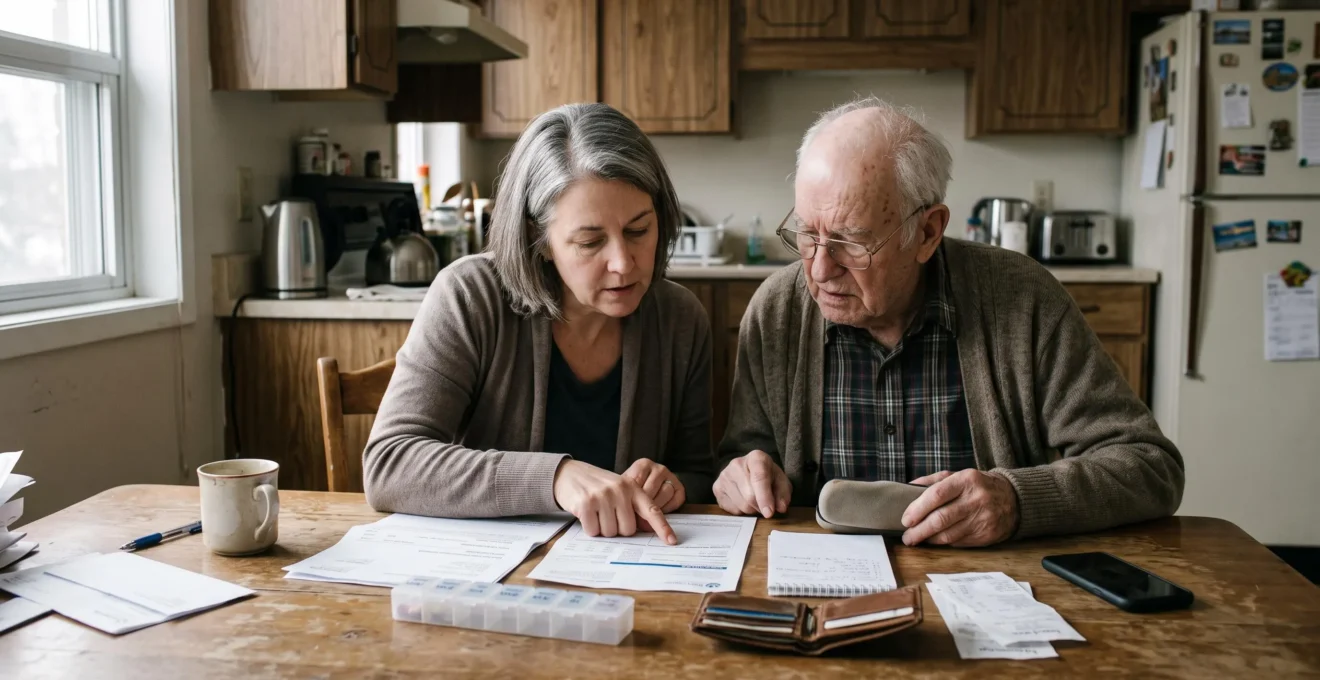 Une femme d'âge mûr examine avec son père âgé des factures et un pilulier posés sur la table de la cuisine d'un appartement.