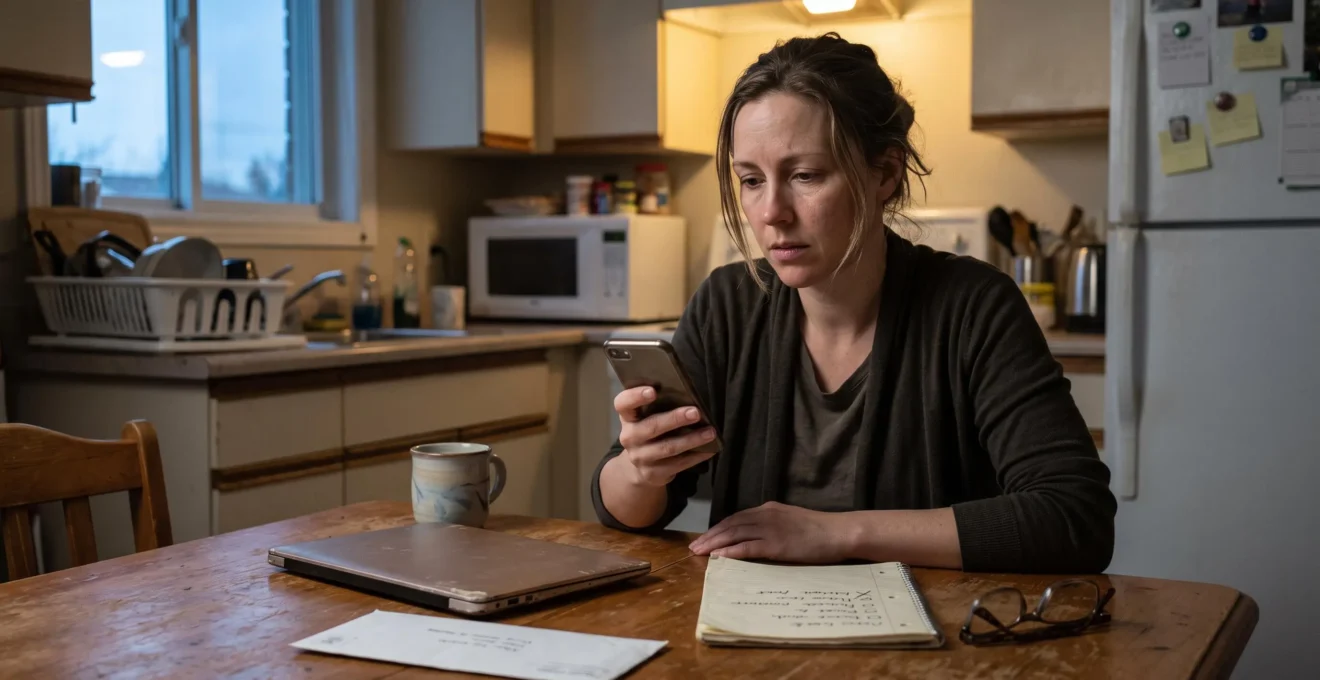 Une femme assise à la table de sa cuisine examine les réglages de confidentialité sur son téléphone tout en tenant un cahier de notes.
