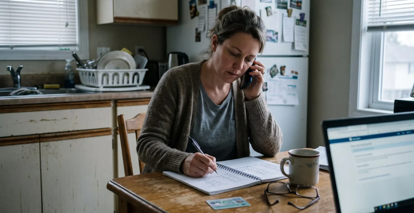 Une femme assise à la table de sa cuisine téléphone à une clinique tout en notant ses démarches, sa carte d'assurance maladie posée à côté d'un cahier.