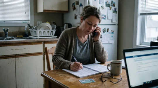 Une femme assise à la table de sa cuisine téléphone à une clinique tout en notant ses démarches, sa carte d'assurance maladie posée à côté d'un cahier.