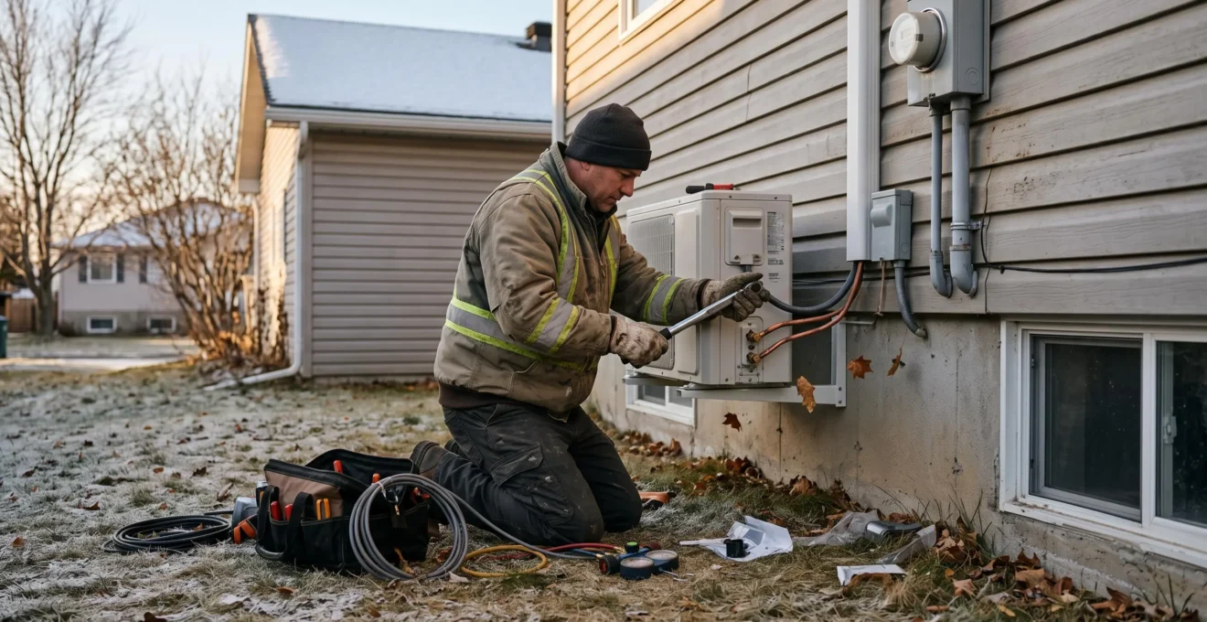 Un installateur raccorde l'unité extérieure d'une thermopompe le long d'une maison canadienne en automne.
