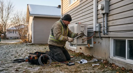 Un installateur raccorde l'unité extérieure d'une thermopompe le long d'une maison canadienne en automne.
