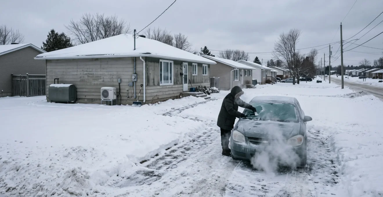 Une maison banlieue canadienne sous la neige avec une voiture dont le conducteur gratte le givre du pare-brise par un matin d'hiver.