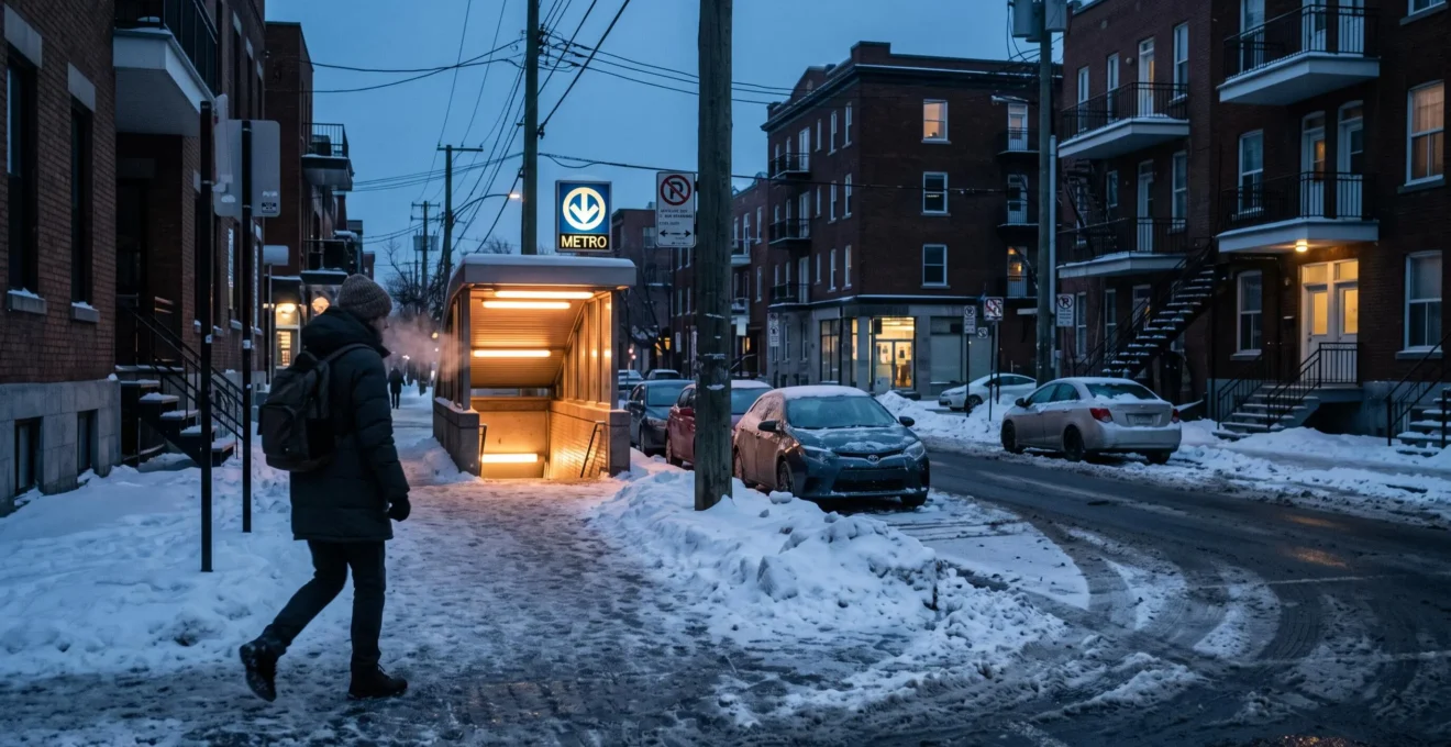 Une personne en manteau d'hiver marche sur un trottoir enneigé vers l'entrée éclairée d'une station de métro dans un quartier résidentiel canadien.