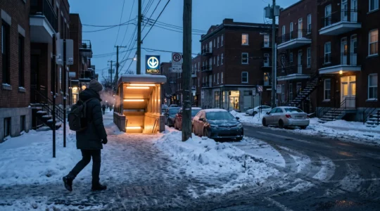 Une personne en manteau d'hiver marche sur un trottoir enneigé vers l'entrée éclairée d'une station de métro dans un quartier résidentiel canadien.