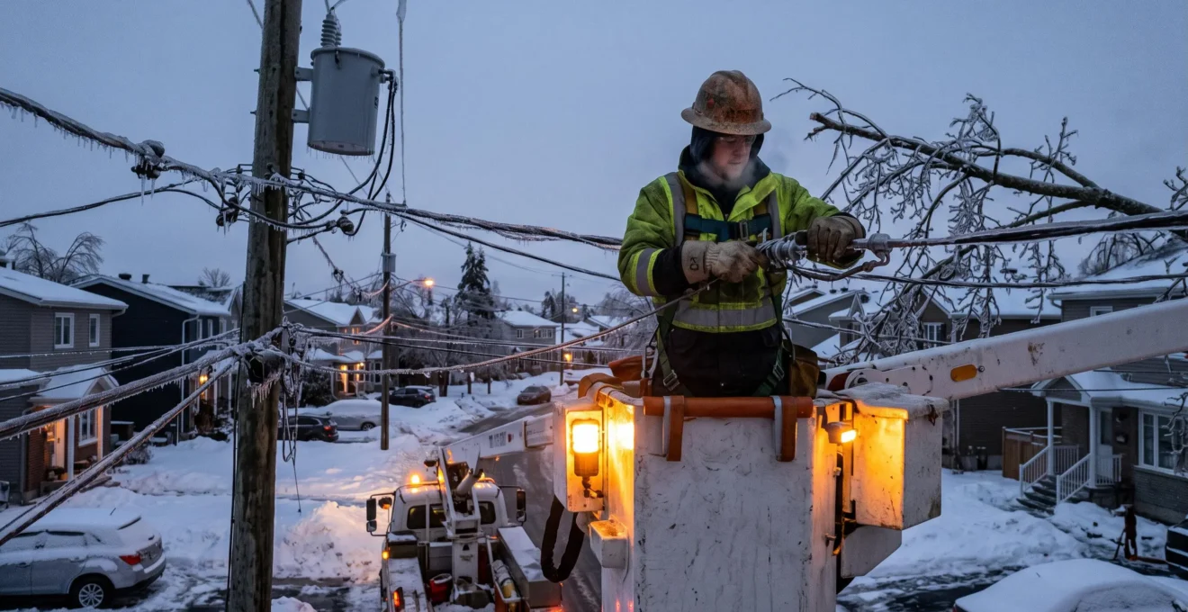 Un monteur de lignes réparant une ligne électrique recouverte de verglas dans un quartier résidentiel canadien plongé dans l'obscurité au crépuscule.