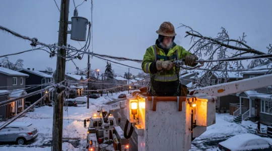 Un monteur de lignes réparant une ligne électrique recouverte de verglas dans un quartier résidentiel canadien plongé dans l'obscurité au crépuscule.