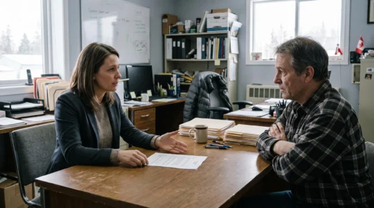 Une employée négocie son salaire avec le propriétaire d'une petite entreprise canadienne autour d'un document posé sur le bureau.
