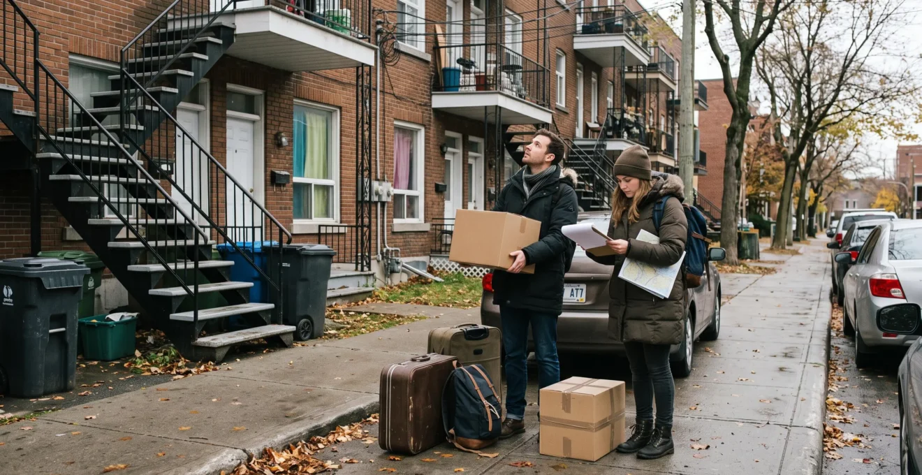 Un couple nouvellement arrivé se tient devant un immeuble résidentiel canadien avec des cartons de déménagement et une liste de vérification.