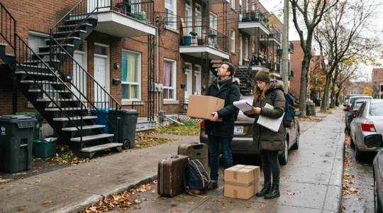 Un couple nouvellement arrivé se tient devant un immeuble résidentiel canadien avec des cartons de déménagement et une liste de vérification.