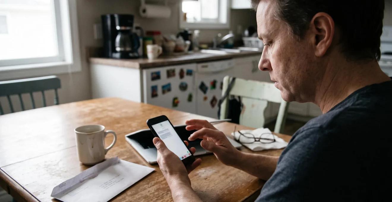 Une personne tenant son téléphone dans une cuisine, regardant attentivement un message texte suspect à l'écran.