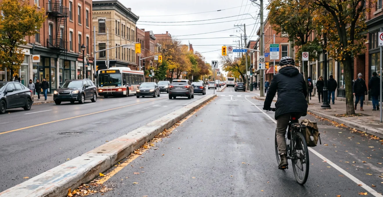 Un cycliste pédale dans une piste cyclable protégée par un séparateur de béton continu, à distance de la circulation automobile sur une artère urbaine canadienne.