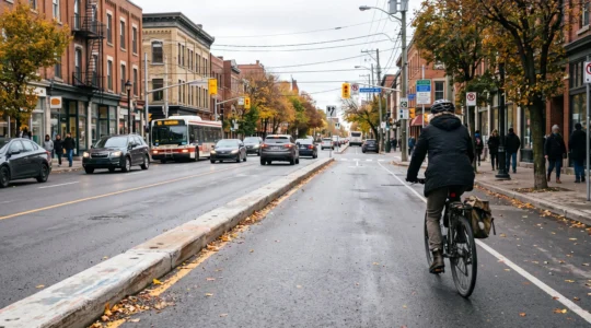 Un cycliste pédale dans une piste cyclable protégée par un séparateur de béton continu, à distance de la circulation automobile sur une artère urbaine canadienne.