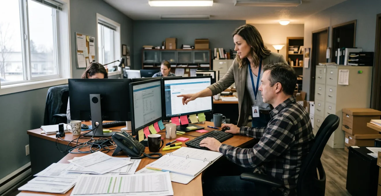 Deux employés d'une PME travaillent en parallèle sur un nouveau logiciel et sur des formulaires papier dans un bureau de travail.