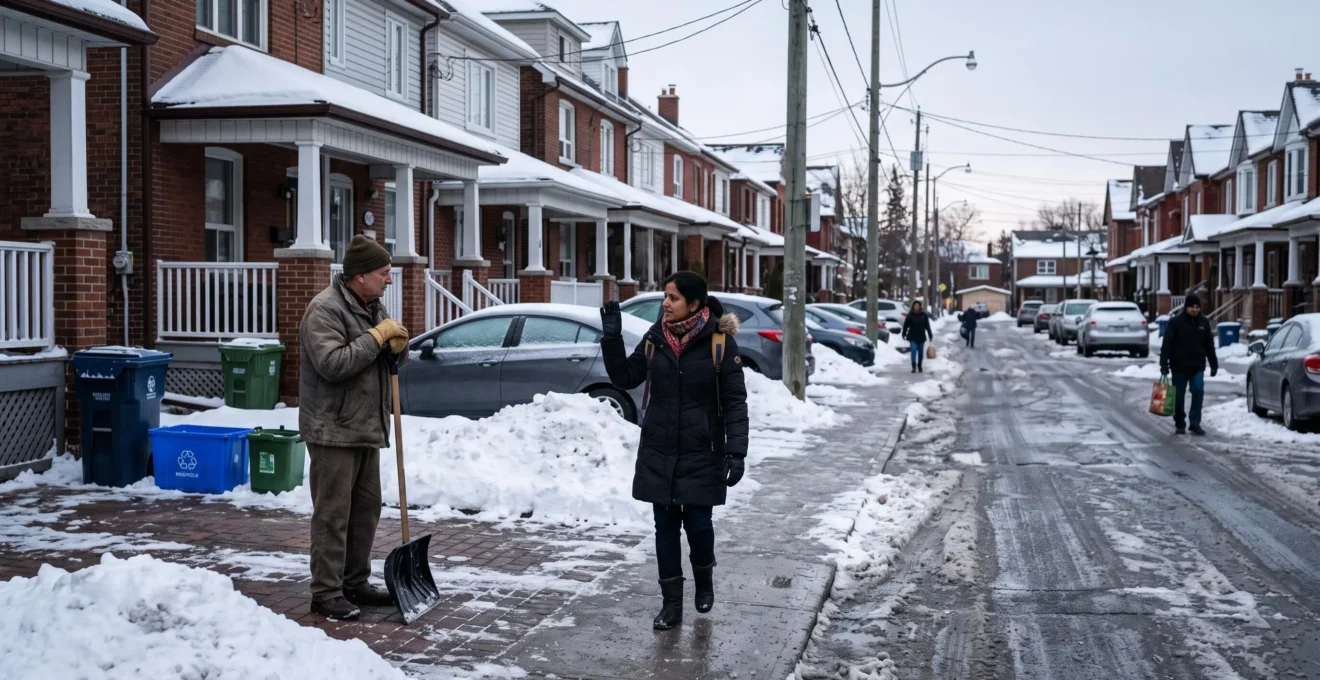 Une femme nouvellement arrivée au Canada échange une politesse rapide avec un voisin qui déneige son entrée, dans une rue résidentielle animée.