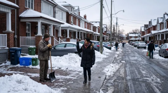 Une femme nouvellement arrivée au Canada échange une politesse rapide avec un voisin qui déneige son entrée, dans une rue résidentielle animée.