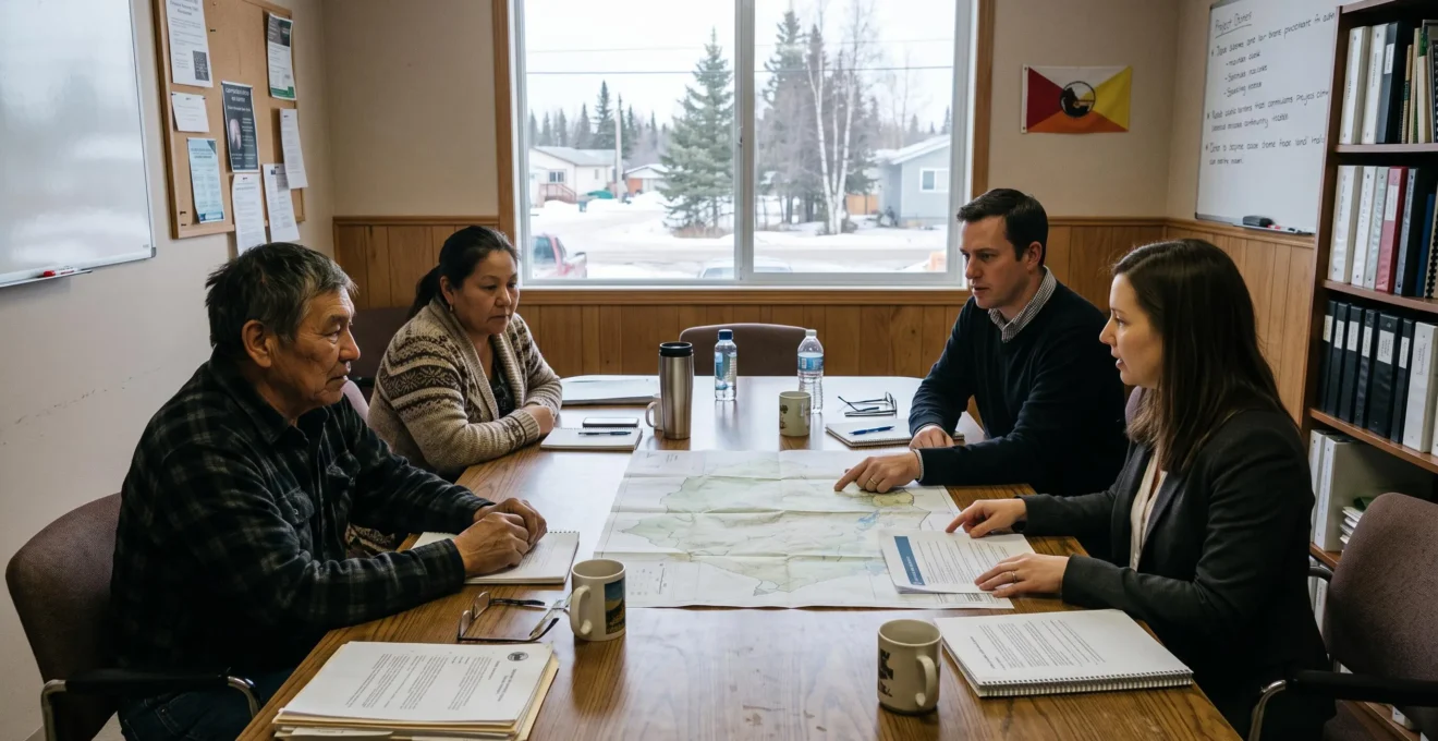 Des dirigeants d'une communauté autochtone et deux partenaires de projet examinent ensemble une carte régionale posée sur une table de réunion dans un bâtiment administratif communautaire au Canada.