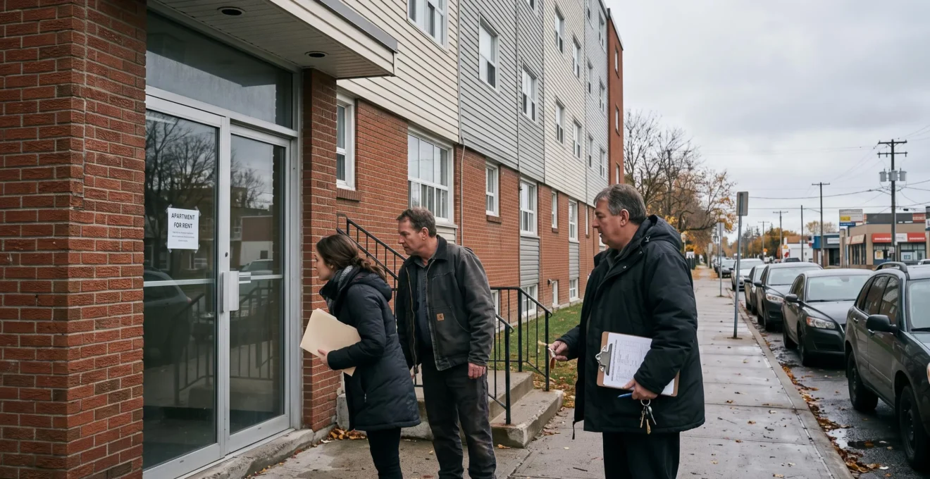 Deux personnes intéressées lisent en même temps une annonce de location apposée sur la porte d'un immeuble locatif, pendant qu'un gestionnaire s'apprête à ouvrir la porte dans une rue d'une ville moyenne canadienne.