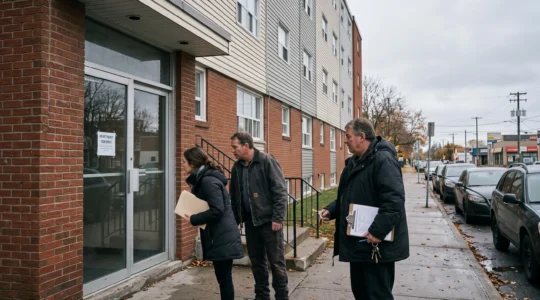 Deux personnes intéressées lisent en même temps une annonce de location apposée sur la porte d'un immeuble locatif, pendant qu'un gestionnaire s'apprête à ouvrir la porte dans une rue d'une ville moyenne canadienne.