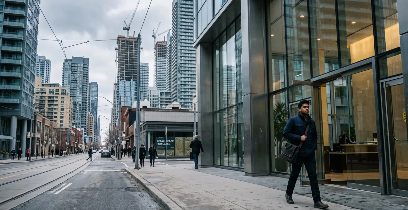 Un professionnel de la technologie sort d'une tour de bureaux en centre-ville canadien, entouré d'immeubles résidentiels et de grues de construction.