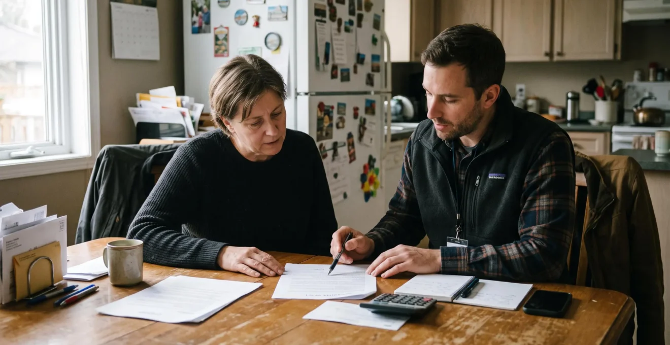 Un conseiller pointe une ligne d'un contrat pendant qu'un propriétaire, calculator à la main, hésite à signer dans une cuisine canadienne.